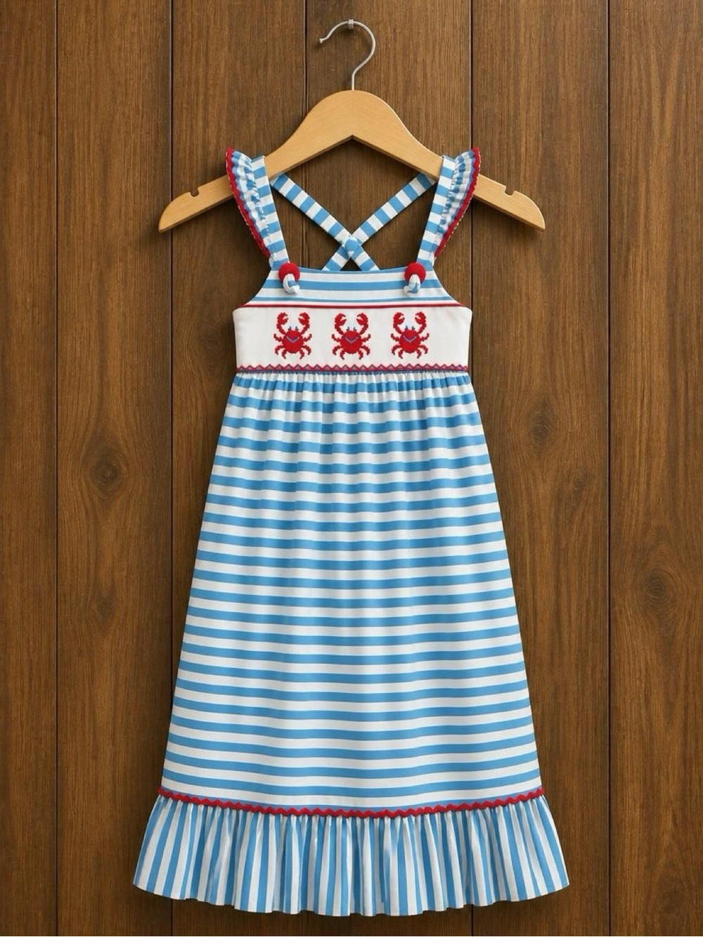Castles & Crowns Girls 4T Smocked Crab Dress Blue Stripe Nautical Beach Summer